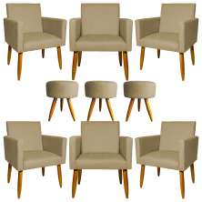 Kit 6 Poltronas Decorativas Para Sala, Recepção Nina + 3 Puff Redondo Suede Nude Pé Castanho - Clique E Decore