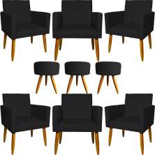 Kit 6 Poltronas Decorativas Para Sala, Recepção Nina + 3 Puff Redondo Suede Preto Pé Castanho - Clique E Decore