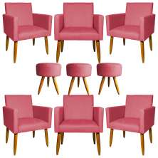 Kit 6 Poltronas Decorativas Para Sala, Recepção Nina + 3 Puff Redondo Suede Rosê Pé Castanho - Clique E Decore