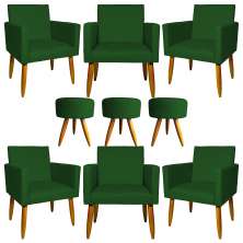 Kit 6 Poltronas Decorativas Para Sala, Recepção Nina + 3 Puff Redondo Suede Verde Pé Castanho - Clique E Decore