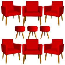 Kit 6 Poltronas Decorativas Para Sala, Recepção Nina + 3 Puff Redondo Suede Vermelho Pé Castanho - Clique E Decore