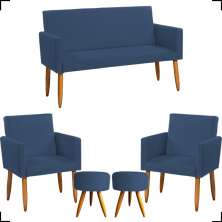 Kit Namoradeira + 2 Poltronas Decorativas Para Sala Nina + 2 Puff Redondos Suede Azul Marinho Pé Castanho