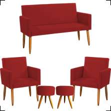 Kit Namoradeira + 2 Poltronas Decorativas Para Sala Nina + 2 Puff Redondos Suede Bordô Pé Castanho