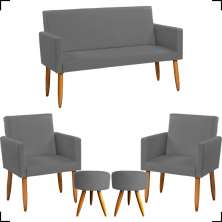 Kit Namoradeira + 2 Poltronas Decorativas Para Sala Nina + 2 Puff Redondos Suede Cinza Pé Castanho