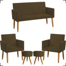 Kit Namoradeira + 2 Poltronas Decorativas Para Sala Nina + 2 Puff Redondos Suede Marrom Pé Castanho