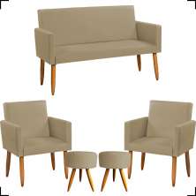 Kit Namoradeira + 2 Poltronas Decorativas Para Sala Nina + 2 Puff Redondos Suede Nude Pé Castanho