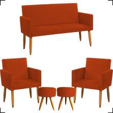 Kit Namoradeira + 2 Poltronas Decorativas Para Sala Nina + 2 Puff Redondos Suede Terracota Pé Castanho