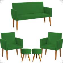 Kit Namoradeira + 2 Poltronas Decorativas Para Sala Nina + 2 Puff Redondos Suede Verde Pé Castanho