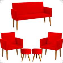 Kit Namoradeira + 2 Poltronas Decorativas Para Sala Nina + 2 Puff Redondos Suede Vermelho Pé Castanho