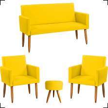 Kit Namoradeira + 2 Poltronas Decorativas Para Sala Nina + Puff Redondo Suede Amarelo Pé Castanho