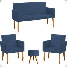 Kit Namoradeira + 2 Poltronas Decorativas Para Sala Nina + Puff Redondo Suede Azul Marinho Pé Castanho
