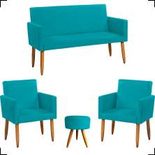 Kit Namoradeira + 2 Poltronas Decorativas Para Sala Nina + Puff Redondo Suede Azul Turquesa Pé Castanho