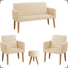 Kit Namoradeira + 2 Poltronas Decorativas Para Sala Nina + Puff Redondo Suede Bege Pé Castanho