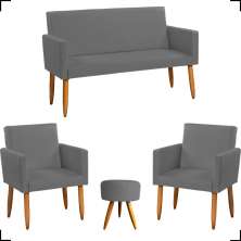 Kit Namoradeira + 2 Poltronas Decorativas Para Sala Nina + Puff Redondo Suede Cinza Pé Castanho