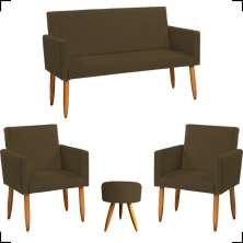 Kit Namoradeira + 2 Poltronas Decorativas Para Sala Nina + Puff Redondo Suede Marrom Pé Castanho
