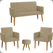 Kit Namoradeira + 2 Poltronas Decorativas Para Sala Nina + Puff Redondo Suede Nude Pé Castanho