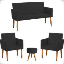 Kit Namoradeira + 2 Poltronas Decorativas Para Sala Nina + Puff Redondo Suede Preto Pé Castanho