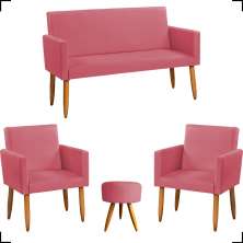 Kit Namoradeira + 2 Poltronas Decorativas Para Sala Nina + Puff Redondo Suede Rosê Pé Castanho