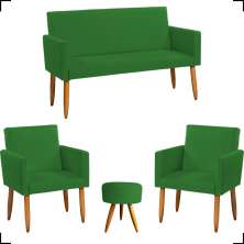 Kit Namoradeira + 2 Poltronas Decorativas Para Sala Nina + Puff Redondo Suede Verde Pé Castanho