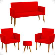 Kit Namoradeira + 2 Poltronas Decorativas Para Sala Nina + Puff Redondo Suede Vermelho Pé Castanho