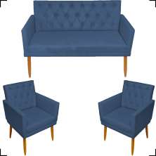 Kit Namoradeira + 2 Poltronas Decorativas Para Sala Nina Base Capitonê Suede Azul Marinho Pé Castanho - Clique E Decore