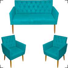 Kit Namoradeira + 2 Poltronas Decorativas Para Sala Nina Base Capitonê Suede Azul Turquesa Pé Castanho - Clique E Decore