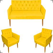 Kit Namoradeira + 2 Poltronas Decorativas Para Sala Nina Com Base E Capitonê Suede Amarelo Pé Castanho - Clique E Decore