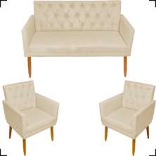 Kit Namoradeira + 2 Poltronas Decorativas Para Sala Nina Com Base E Capitonê Suede Bege Pé Castanho