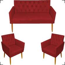 Kit Namoradeira + 2 Poltronas Decorativas Para Sala Nina Com Base E Capitonê Suede Bordô Pé Castanho - Clique E Decore