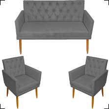 Kit Namoradeira + 2 Poltronas Decorativas Para Sala Nina Com Base E Capitonê Suede Cinza Pé Castanho