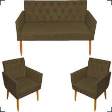 Kit Namoradeira + 2 Poltronas Decorativas Para Sala Nina Com Base E Capitonê Suede Marrom Pé Castanho