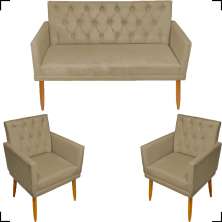 Kit Namoradeira + 2 Poltronas Decorativas Para Sala Nina Com Base E Capitonê Suede Nude Pé Castanho