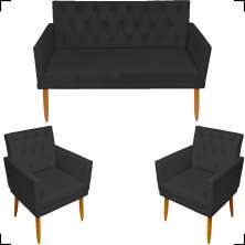 Kit Namoradeira + 2 Poltronas Decorativas Para Sala Nina Com Base E Capitonê Suede Preto Pé Castanho