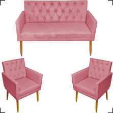 Kit Namoradeira + 2 Poltronas Decorativas Para Sala Nina Com Base E Capitonê Suede Rose Pé Castanho - Clique E Decore