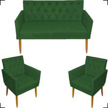 Kit Namoradeira + 2 Poltronas Decorativas Para Sala Nina Com Base E Capitonê Suede Verde Pé Castanho