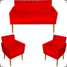 Kit Namoradeira + 2 Poltronas Decorativas Para Sala Nina Com Base E Capitonê Suede Vermelho Pé Castanho