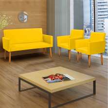 Kit Namoradeira + 2 Poltronas Decorativas Para Sala Nina Suede Amarelo Pé Castanho - Clique E Decore