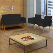 Kit Namoradeira + 2 Poltronas Decorativas Para Sala Nina Suede Preto Pé Castanho - Clique E Decore