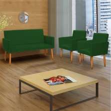 Kit Namoradeira + 2 Poltronas Decorativas Para Sala Nina Suede Verde Pé Castanho - Clique E Decore