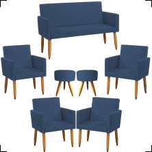 Kit Namoradeira + 4 Poltronas Decorativas Para Sala Nina + 2 Puff Redondos Azul Marinho Pé Castanho - Clique E Decore