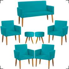 Kit Namoradeira + 4 Poltronas Decorativas Para Sala Nina + 2 Puff Redondos Azul Turquesa Pé Castanho - Clique E Decore