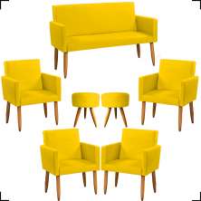 Kit Namoradeira + 4 Poltronas Decorativas Para Sala Nina + 2 Puff Redondos Suede Amarelo Pé Castanho - Clique E Decore
