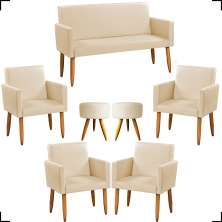 Kit Namoradeira + 4 Poltronas Decorativas Para Sala Nina + 2 Puff Redondos Suede Bege Pé Castanho - Clique E Decore