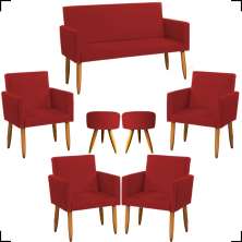 Kit Namoradeira + 4 Poltronas Decorativas Para Sala Nina + 2 Puff Redondos Suede Bordô Pé Castanho - Clique E Decore