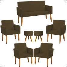 Kit Namoradeira + 4 Poltronas Decorativas Para Sala Nina + 2 Puff Redondos Suede Marrom Pé Castanho - Clique E Decore