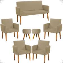 Kit Namoradeira + 4 Poltronas Decorativas Para Sala Nina + 2 Puff Redondos Suede Nude Pé Castanho - Clique E Decore