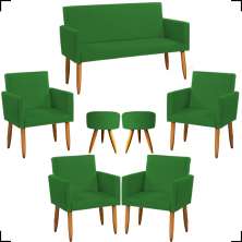 Kit Namoradeira + 4 Poltronas Decorativas Para Sala Nina + 2 Puff Redondos Suede Verde Pé Castanho - Clique E Decore