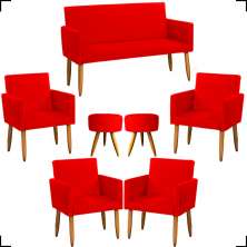 Kit Namoradeira + 4 Poltronas Decorativas Para Sala Nina + 2 Puff Redondos Vermelho Pé Castanho - Clique E Decore