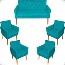 Kit Namoradeira + 4 Poltronas Decorativas Para Sala Nina Com Base E Capitonê Azul Turquesa Pé Castanho - Clique E Decore