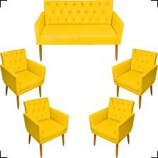 Kit Namoradeira + 4 Poltronas Decorativas Para Sala Nina Com Base E Capitonê Suede Amarelo Pé Castanho - Clique E Decore